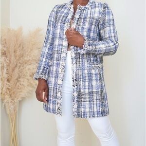 Zara blue and cream tweed blazer jacket